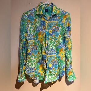 100% Linen Mosaique Colourful Patterned Button Down Shirt Size XS Summer Italy